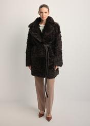 Women's brown double-sided sheepskin coat KOZDS-0090-1393(Z25), front view of the product on the model. Full body visible.
