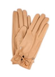 Women's leather gloves with ties REKDS-0021A-81(Z25), product view from the front and back on a white background.