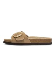 Women's leather flip-flops in cool beige color BUTYD-1157-1K(W26), side view of the product on a white background.