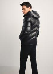 Men's black jacket with natural insulation KURMT-0393-99(Z25) - product view from the back of the model, against a white background. Full body visible.