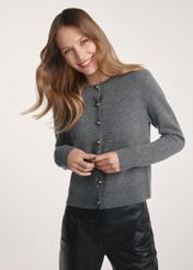 Gray woolen women's cardigan KARDT-0058-91(Z25), front view of the product on the model, half of the silhouette visible.