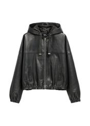 Women's black leather jacket with hood KURDS-0412-99(W26), front product view on white background.