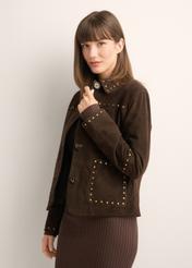 Women's brown suede jacket KURDS-0614-1I(Z26), side view of the product on the model. Half of the silhouette visible.