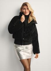 Short shiny women's jacket KURDT-0607-99(Z25), front view of the product on the model, half of the silhouette visible.-02