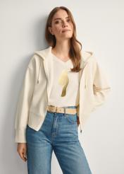 Cream women's hooded sweatshirt BLZDT-0113-12(Z25), front view of the product on the model, half of the silhouette visible.