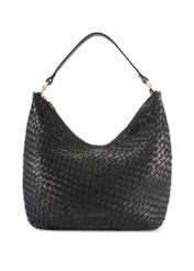 Black leather woven handbag TORES-1242-9P(W26), front product view on white background.