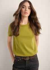 Women's olive cotton T-shirt TSHDT-0144-8E(Z26), front view of the product on the model. Half of the silhouette visible.
