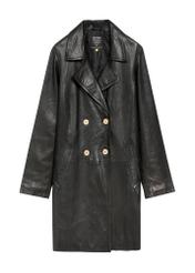 Women's leather jacket in the form of a coat KURDS-0443-1313(Z25), product view from the front on a white background.