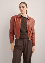 Women's red leather jacket KURDS-0624-3D(Z26), front view of the product on a model. Half of the silhouette visible.