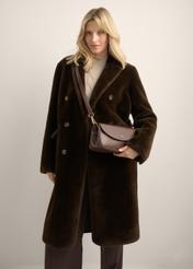 Classic brown leather women's handbag TORES-1371-1H(Z26), diagonal view of the product on the model. Half of the silhouette visible.