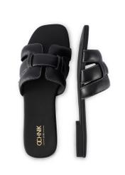 Women's black leather slides with braid BUTYD-1225-99(W26), product view from above on white background.