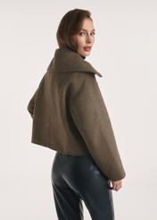 Women's short brown wool coat PLADT-0067-1K(Z26). Product view from the back on the model, half of the silhouette visible.