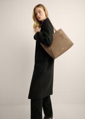 Cool beige leather shopper bag TORES-0980-1K(Z26). Model shot.