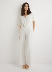 Women's cream jumpsuit KOBDT-0013-0B(W26), front view of the product on the model. Full body visible.