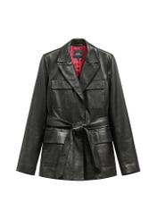 Women's black leather jacket with belt KURDS-0545-99(W26), product view from the front on a white background.