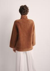 Women's woolen fur coat in camel color FUTDW-0032-24(Z25) - product view from the back on the model on a white background. Half of the silhouette visible.