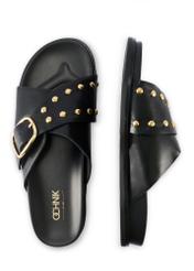 Women's leather flip-flops in black BUTYD-1268-99(W26), product view from above on a white background.