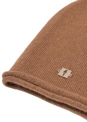 Caramel women's cashmere hat CZADT-0043-24(Z25), close-up of the product detail, view on a white background.