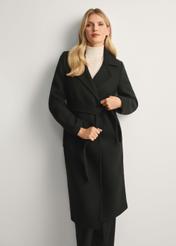 Black long women's coat PLADT-0048B-99(Z25), front view of the product on the model, half of the silhouette visible.