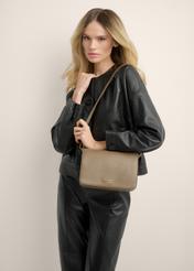 Light brown leather women's messenger bag TORES-1316-1K(Z26), product view on model's shoulder. Half of silhouette visible.