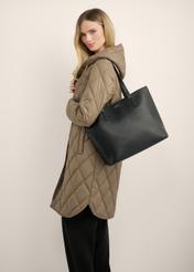 Women's shopper bag in black TOREC-0816-9I(Z26), side view of the product on the model's shoulder.