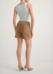 Beige women's leather shorts SPODS-0035-1B(W26), back view of the product on the model. Half of the silhouette visible.