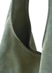 Sage suede women's shopper bag TORES-1177-8F(W26), close-up of product detail on white background.