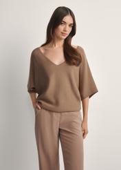 Camel women's blouse BLUDT-0201-1D(W26), front view of the product on the model, half of the silhouette visible.
