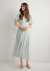 Sage floral long dress SUKDT-0191-8P(W26), front view of the product on the model. Full body visible.