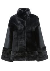 Black women's fur coat with stand-up collar natural FUTDF-0077-0984(Z24), front product view on white background.