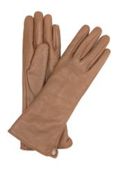 Long beige leather women's gloves REKDS-0082A-81(Z25), product view from the front on a white background.