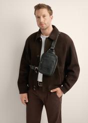 Black leather men's shoulder bag TORMS-0527-99(Z26), front product view on the model's silhouette.
