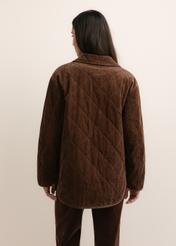 Brown women's jacket with a collar (model KURDT-0696-1H(Z26)), shown from the back on a model. Half-body view.