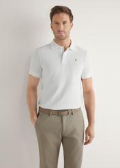 Cream cotton polo shirt POLMT-0086-0B(W26), front view of the product on the model. Half of the silhouette visible.