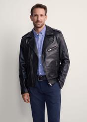 Men's genuine leather biker jacket KURMS-0292-99(KS), front view of the product on the model. Half of the silhouette visible.