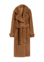 Long woolen fur coat in camel color FUTDW-0019A-1D(Z26) , product view from the front on a white background.