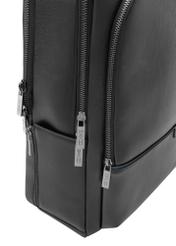 Men's black leather backpack PLCMS-0024-99(W26) - close-up detail, on white background.