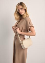Cream leather women's handbag TORES-1103B-0B(W26), product view on model's shoulder. Half silhouette visible.