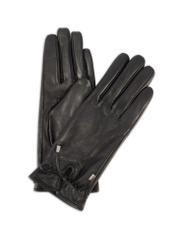 Women's leather gloves with ties REKDS-0021A-99(Z25), product view from the front and back on a white background.