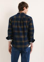 Men's navy blue plaid shirt KOSMT-0371-7E(Z26), back view on a model. Half of the figure is visible.