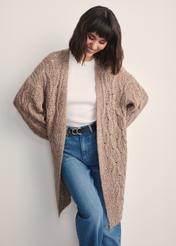 Women's long cardigan in camel color KARDT-0055-24(Z25), front view of the product on the model. Half of the silhouette visible.
