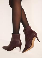 Burgundy leather high heel ankle boots BUTYD-1122-49(Z25), product view on model's feet against a light background.