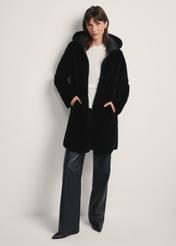 Women's black fur coat with hood FUTDP-0073-99(Z25) - front view of the product on a model against a white background. Full body visible.