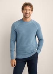 Blue ribbed men's sweater SWEMT-0193-7B(Z26). Front view of the product on a model. Half of the silhouette is visible.