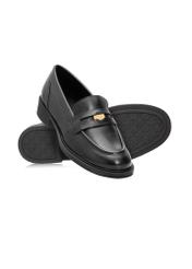 Women's black leather moccasins with logo BUTYD-1199-99(Z25), diagonal product view on white background.