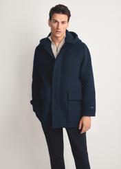 Men's navy blue coat PLAMT-0007-69(Z25) - front view of the product modeled against a white background. Knee-length silhouette visible.