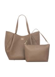 Women's leather shopper bag in cool beige color TORES-1358-1K(Z26), product view with cosmetic bag on white background.