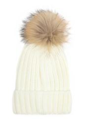 Cream women's hat with pompom CZADT-0066A-12(Z25), back view of the product on a white background.