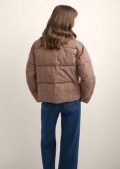 Women's short beige and brown jacket KURDT-0670-1P(Z26), back view of the product on the model. Half of the silhouette visible.