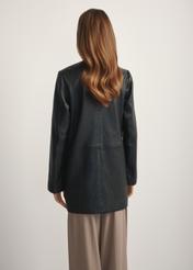 Women's black leather jacket KURDS-0583-99(W26), back view of the product on the model. Half of the silhouette visible.